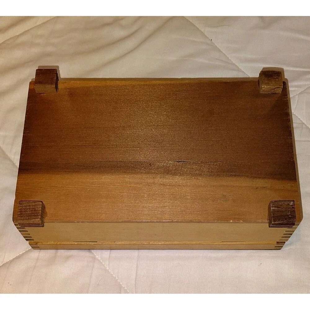 Vintage Mid-Century Carved Cedar Jewelry Box with Cottage Scene Interior Mirror